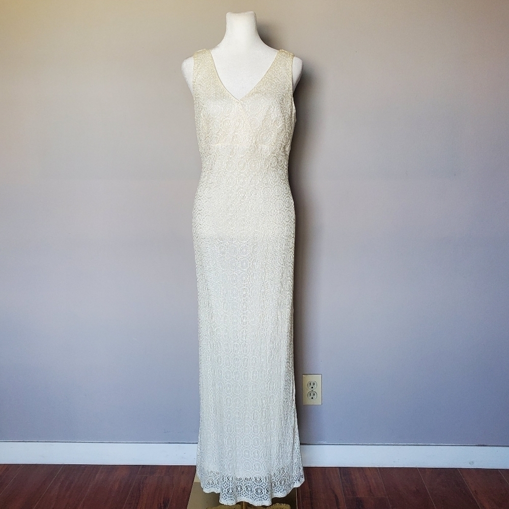 VTG 70s Boho Prom Wedding Event Dress Gown Crochet Lace Overlay Cream